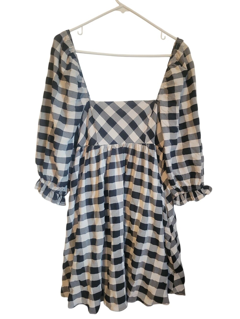 Storia Black White Gingham Babydoll Mini Dress Small Square Neck Puff Sleeve - Picture 3 of 10